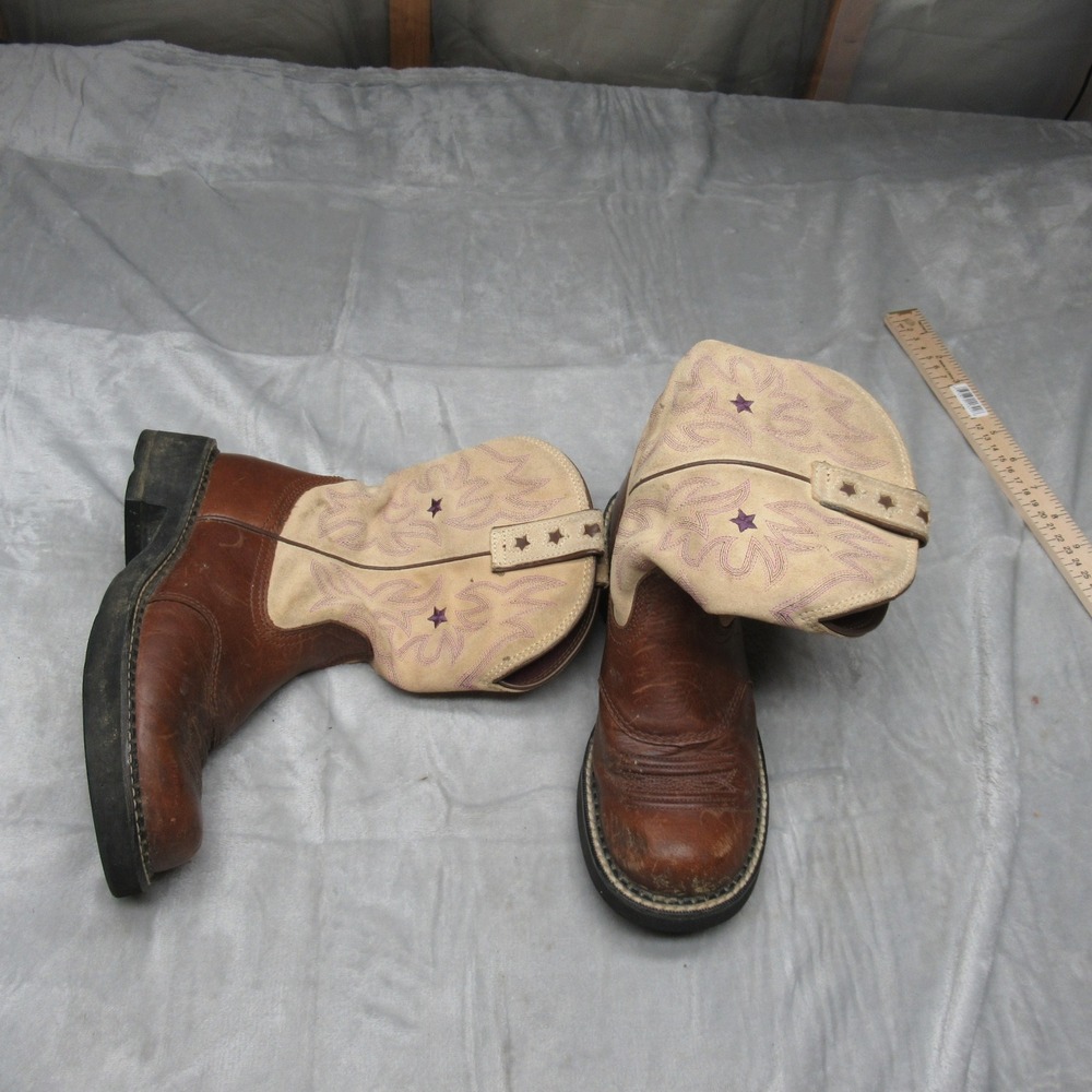 Ariat Womens 7.5B Boots Cream Brown Western Cowboy Star Stitch Leather Ride READ